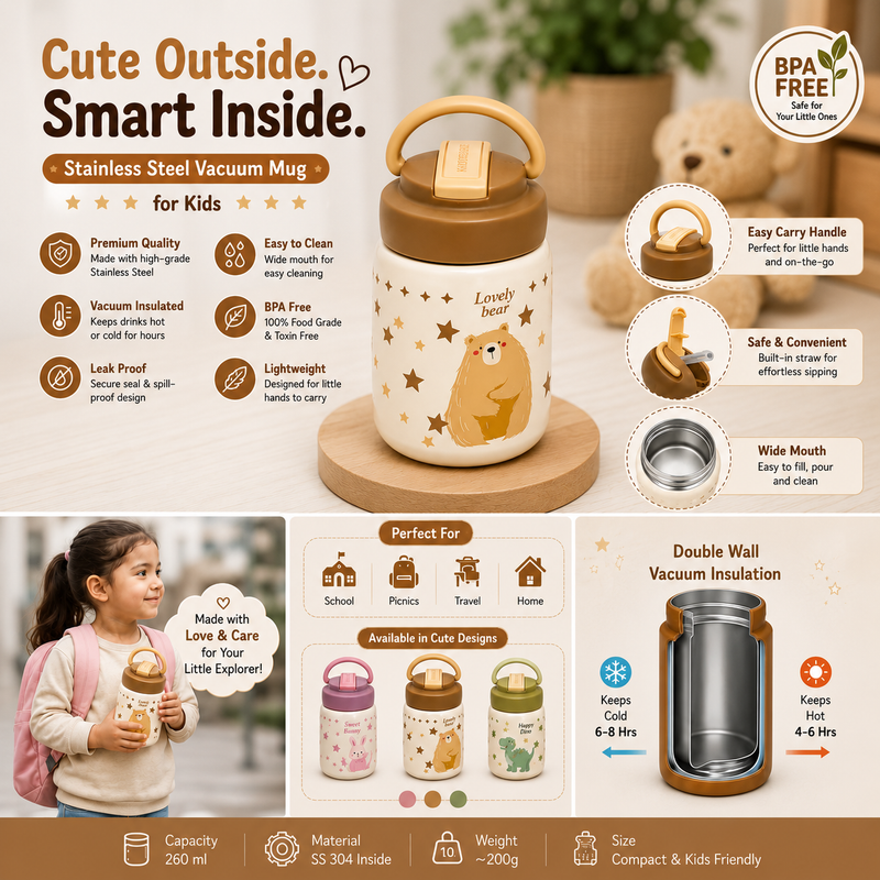 Stainless Steel Vacuum Mug for Kids – 260ml | BPA-Free | Leak-Proof | Insulated Water Bottle with Straw