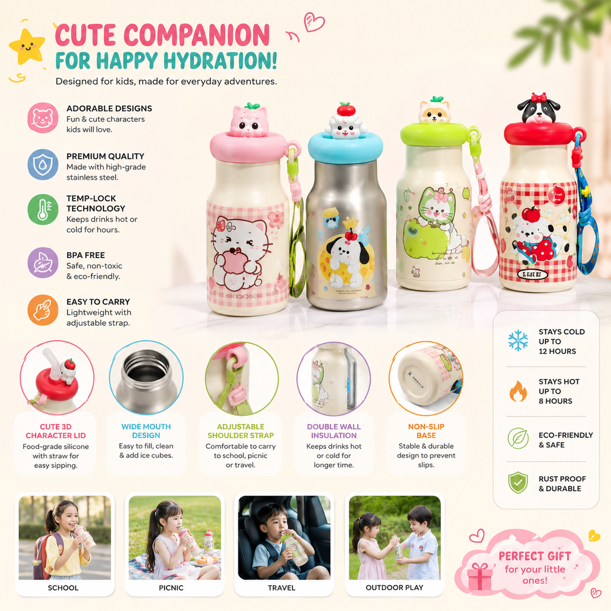 Chiku Tom Premium Kids Stainless Steel Insulated Water Bottle with 3D Cartoon Lid, Straw & Carry Strap | Leakproof School Bottle | BPA-Free | 500ml