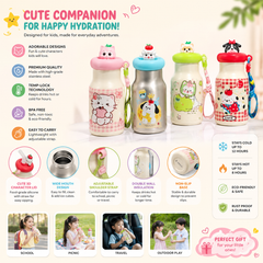 Chiku Tom Premium Kids Stainless Steel Insulated Water Bottle with 3D Cartoon Lid, Straw & Carry Strap | Leakproof School Bottle | BPA-Free | 500ml