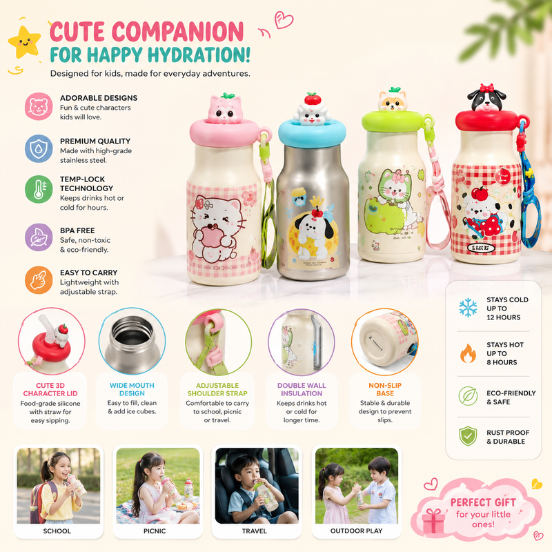 Chiku Tom Premium Kids Stainless Steel Insulated Water Bottle with 3D Cartoon Lid, Straw & Carry Strap | Leakproof School Bottle | BPA-Free | 500ml