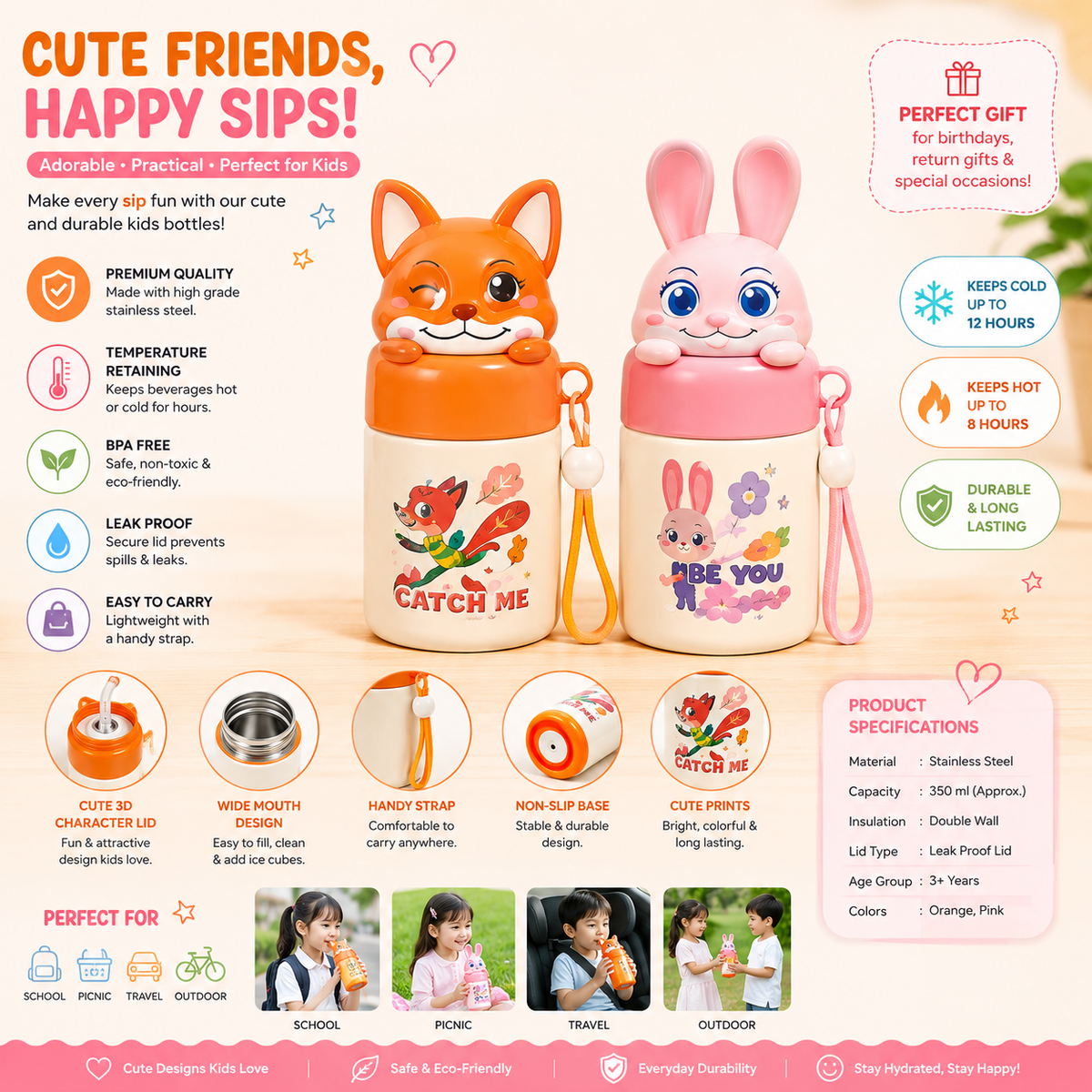 Premium Kids Stainless Steel Insulated Food Jar  with 3D Animal Lid