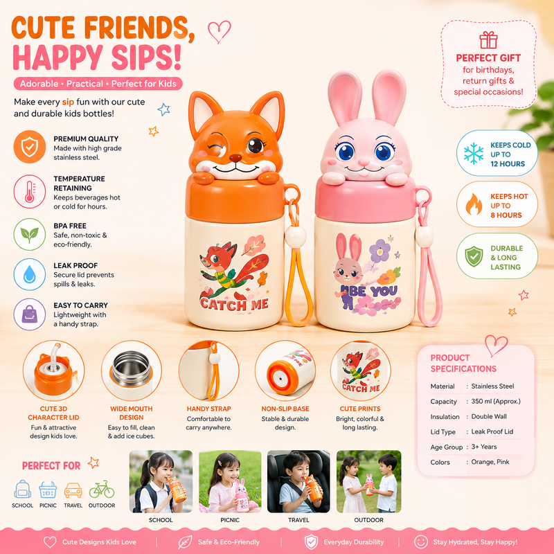 Premium Kids Stainless Steel Insulated Food Jar  with 3D Animal Lid