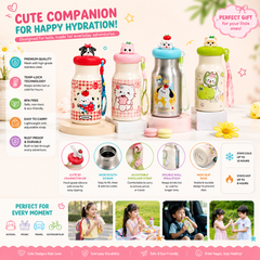 Chiku Tom Premium Kids Stainless Steel Insulated Water Bottle with 3D Cartoon Lid, Straw & Carry Strap | Leakproof School Bottle | BPA-Free | 500ml