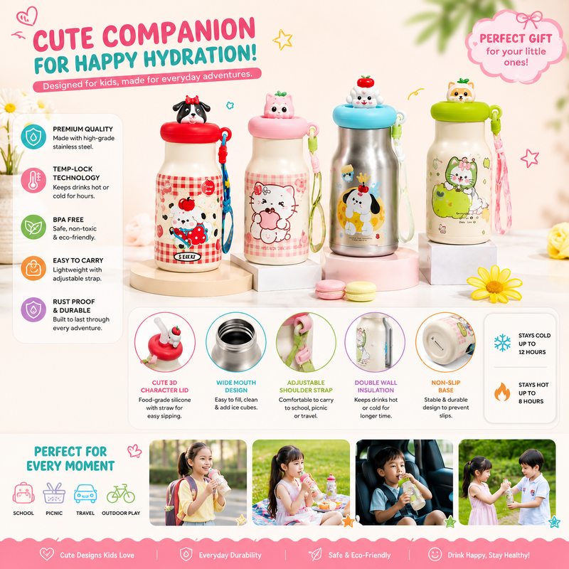 Chiku Tom Premium Kids Stainless Steel Insulated Water Bottle with 3D Cartoon Lid, Straw & Carry Strap | Leakproof School Bottle | BPA-Free | 500ml
