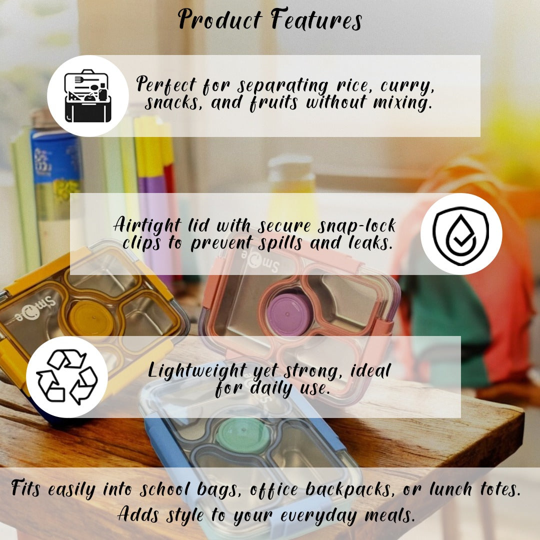 🥗 4-Compartment Stainless Steel Lunch Box – Leakproof, Stylish & Smart