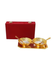 German Gold Round 4 Inch Brass Bowl Set with Embossed Tray and 2 Spoon with Golden Box (Set of 5 Pieces)