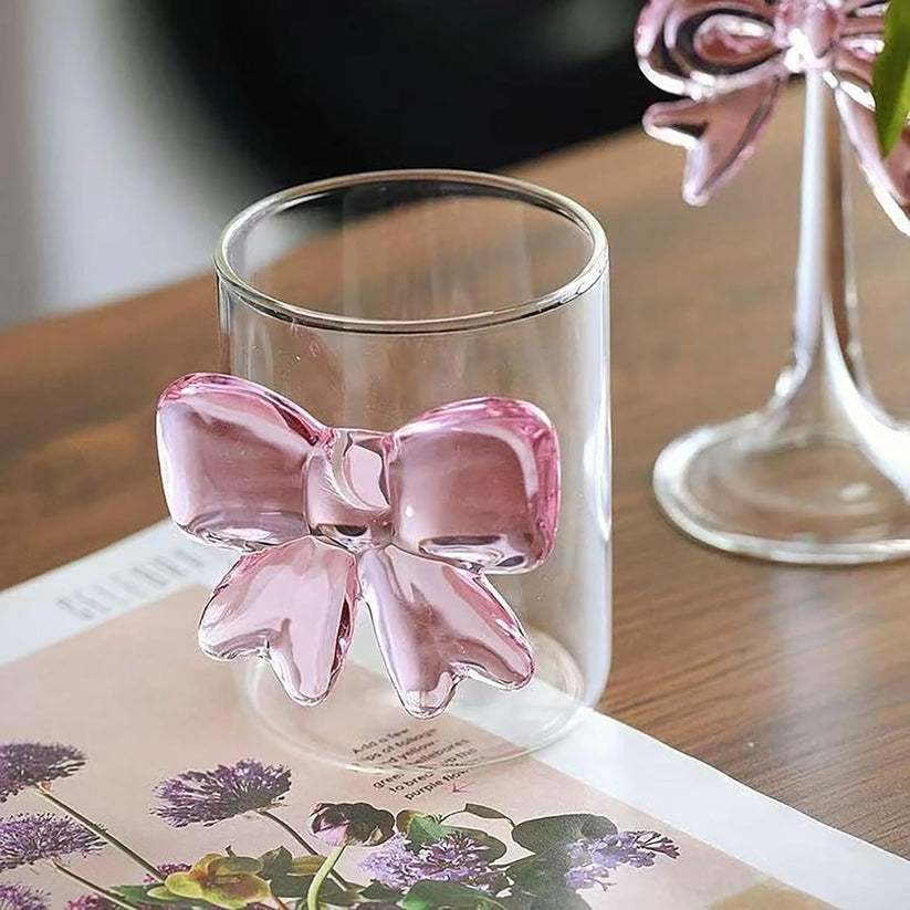 💖 Pink Bow Glass Cup – Aesthetic Designer Glass for Home & Gifting
