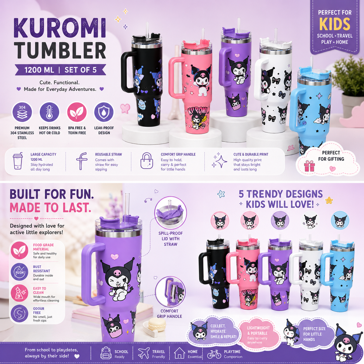 Kuromi Themed 1200 ML Tumbler