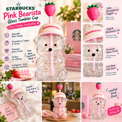 Starbucks Pink Bearista Glass Tumbler with Strawberry Topper & Straw | Cute Bear Design | Premium Trending Gift Mug | Viral Aesthetic Drinkware