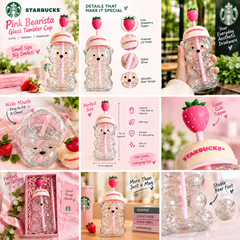 Starbucks Pink Bearista Glass Tumbler with Strawberry Topper & Straw | Cute Bear Design | Premium Trending Gift Mug | Viral Aesthetic Drinkware