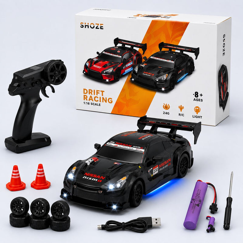 1:16 RC Drift Racing Car with LED Lights, 2.4GHz Remote, Extra Tyres & Racing Cones