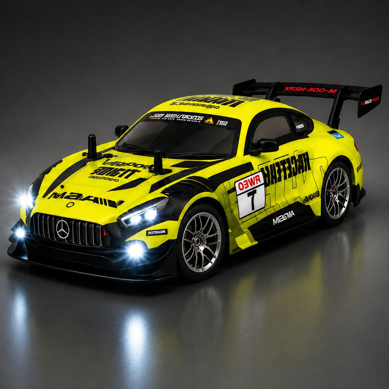 Yellow Sports RC Racing Car 1:10 Scale – Rechargeable Remote Control Drift Car with LED Lights & Extra Tyres