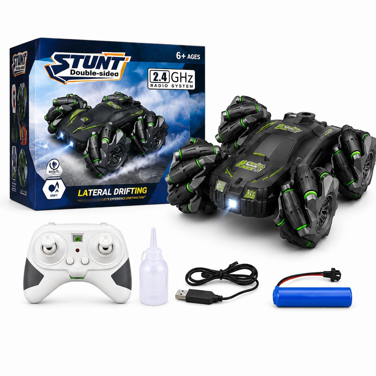4WD Remote Control Stunt Car with 360° Rotation, Spray Mist & LED Lights, Double-Sided RC Drift Car Toy