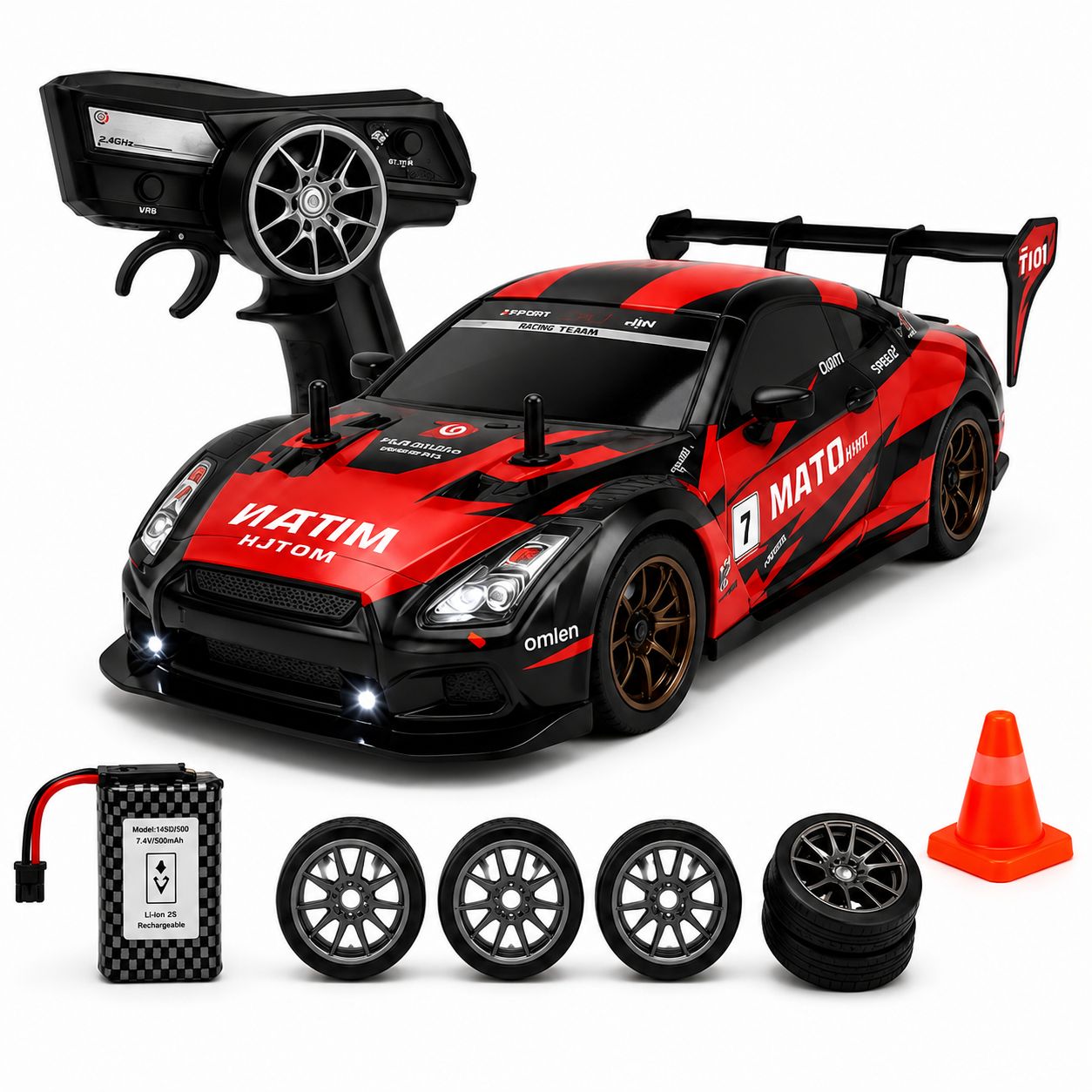 R35 GT-R Style 1:16 RC Speed Drift Car with 2.4GHz Remote, LED Lights, 7.4V Battery & Extra Drift Wheels
