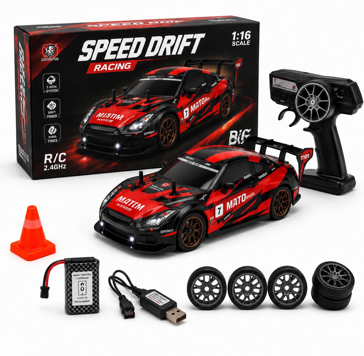 R35 GT-R Style 1:16 RC Speed Drift Car with 2.4GHz Remote, LED Lights, 7.4V Battery & Extra Drift Wheels