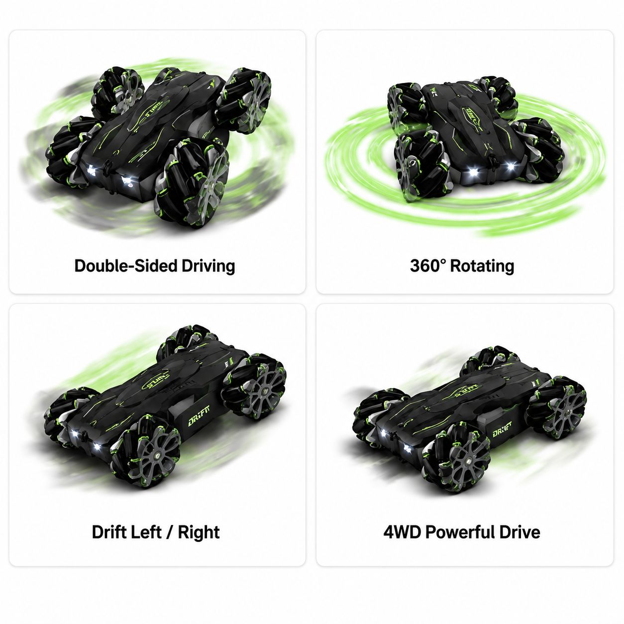4WD Remote Control Stunt Car with 360° Rotation, Spray Mist & LED Lights, Double-Sided RC Drift Car Toy