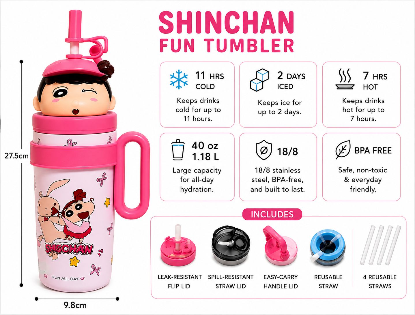 Shinchan & Shiro Fun Tumbler 40oz with Handle, Straw Lids & 18/8 Stainless Steel Insulation