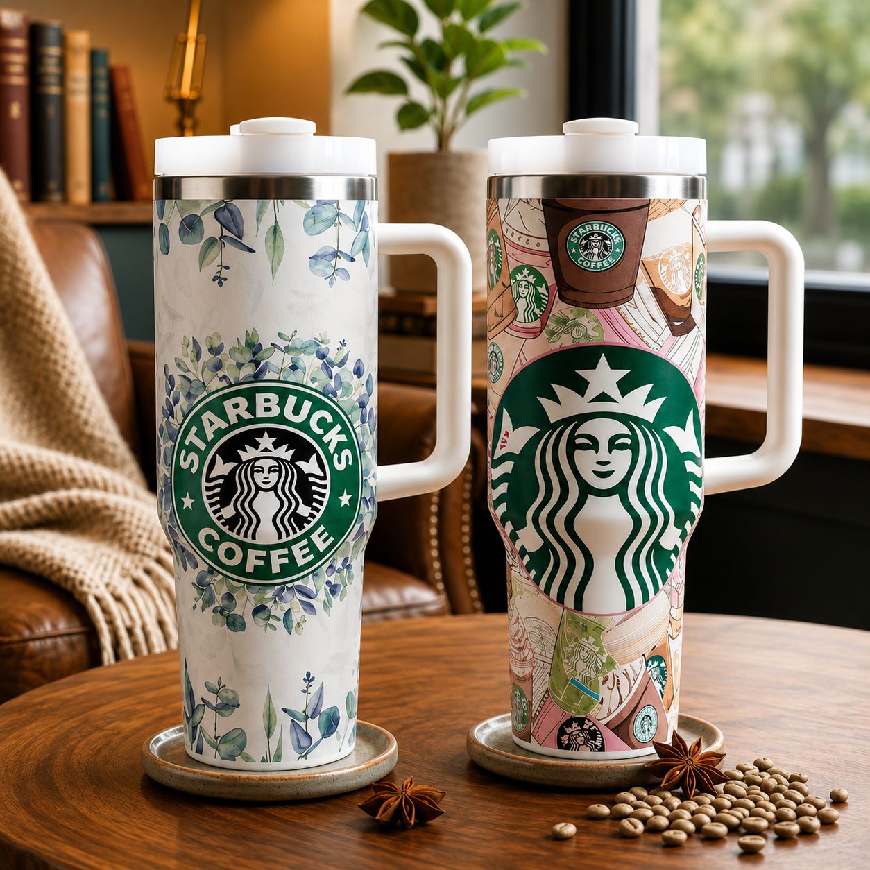 Starbucks Coffee Theme 40oz Insulated Tumbler with Handle, Lid & Stainless Steel Body