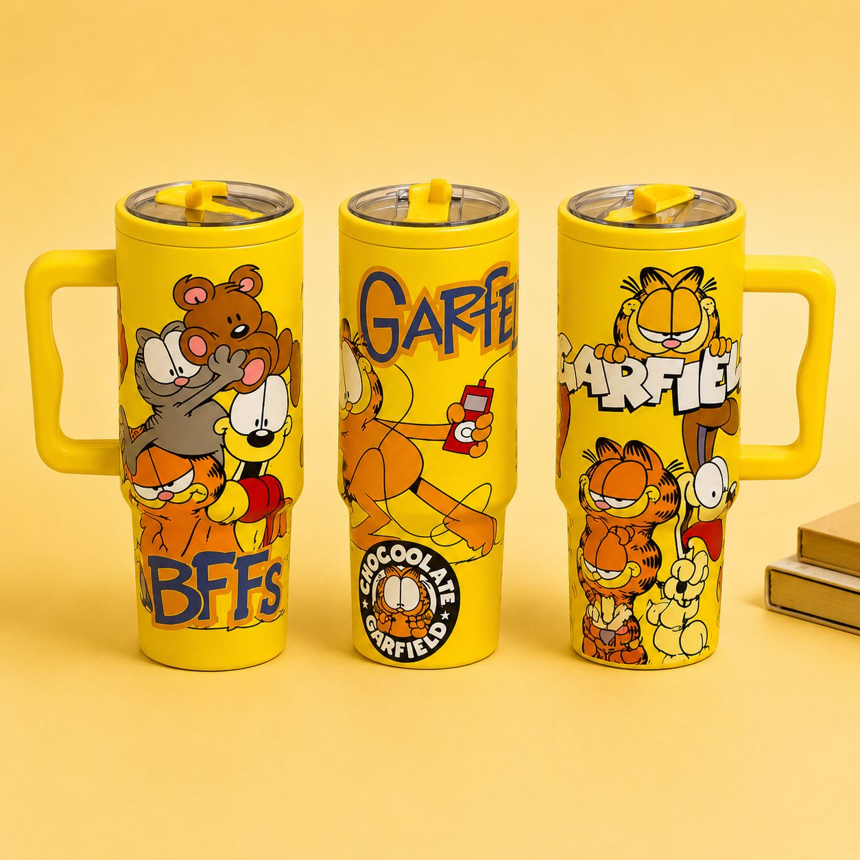 Garfield Yellow Stainless Steel Tumbler with Handle & Straw Lid