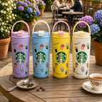 Café Style Travel Tumbler with Handle & Straw – Cute Coffee Print Bottle for Office, College & Travel