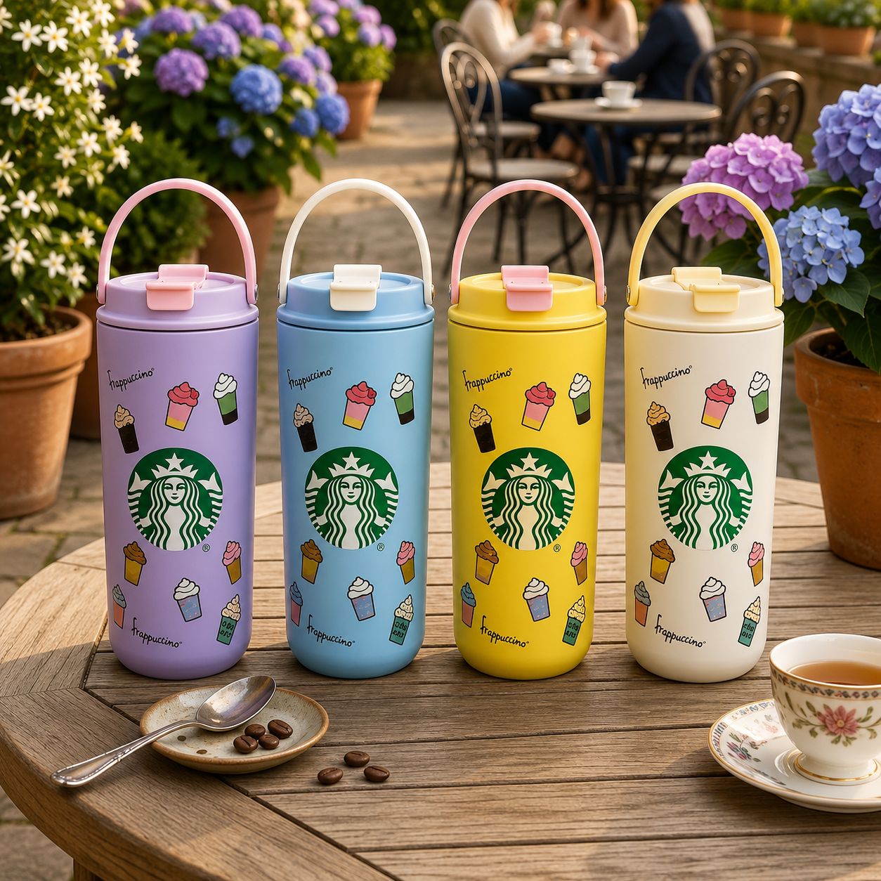 Café Style Travel Tumbler with Handle & Straw – Cute Coffee Print Bottle for Office, College & Travel