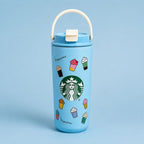 Café Style Travel Tumbler with Handle & Straw – Cute Coffee Print Bottle for Office, College & Travel
