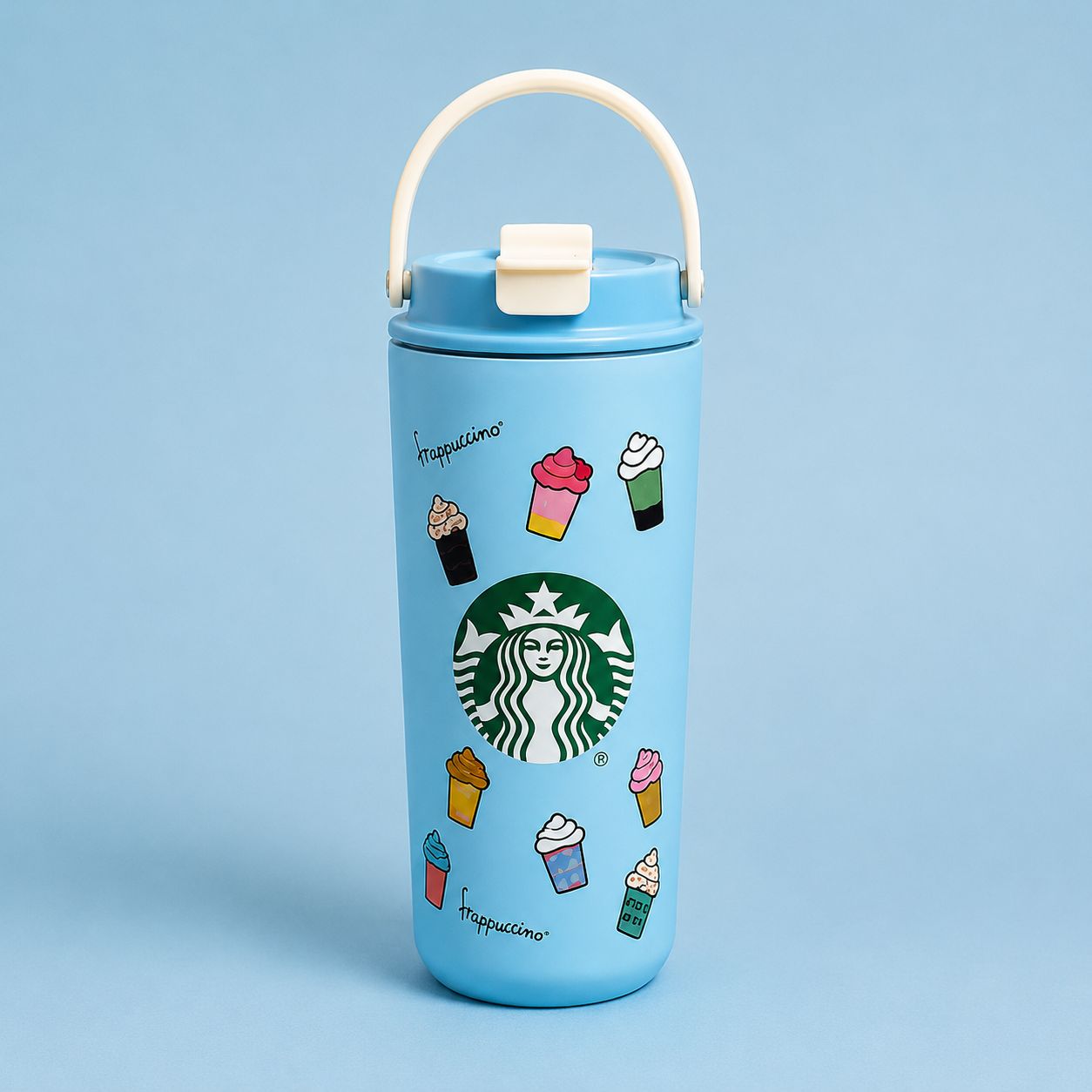 Café Style Travel Tumbler with Handle & Straw – Cute Coffee Print Bottle for Office, College & Travel