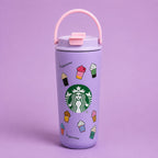 Café Style Travel Tumbler with Handle & Straw – Cute Coffee Print Bottle for Office, College & Travel