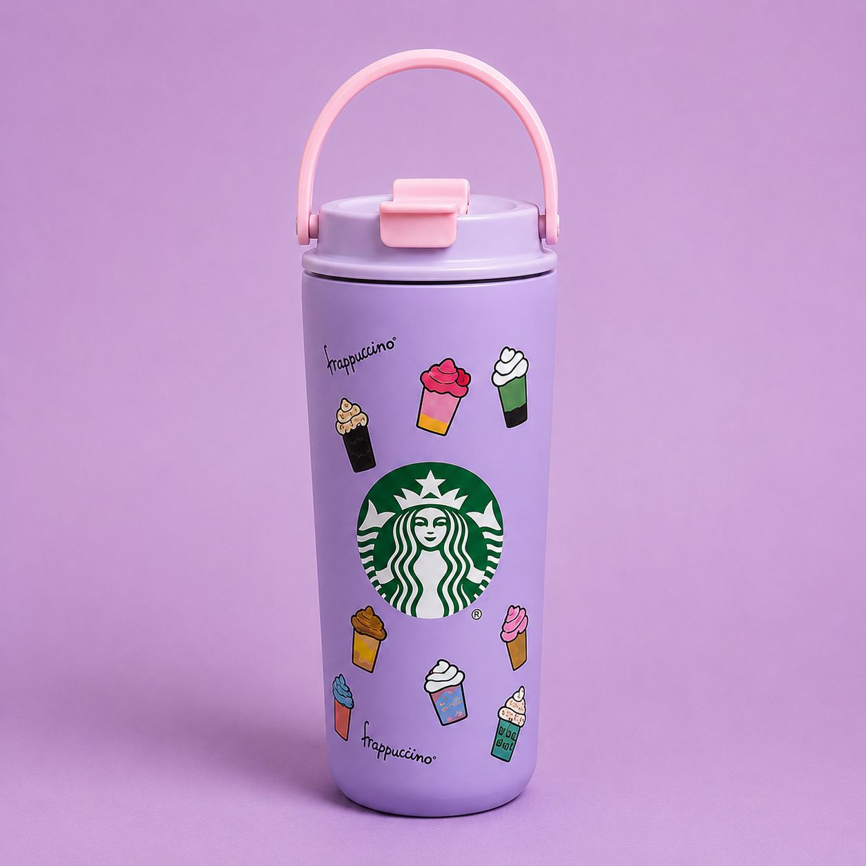 Café Style Travel Tumbler with Handle & Straw – Cute Coffee Print Bottle for Office, College & Travel