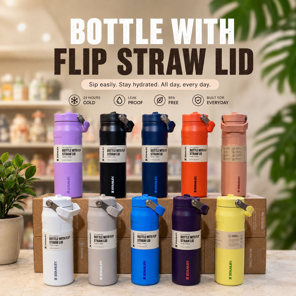 Stanley Style Bottle with Flip Straw Lid