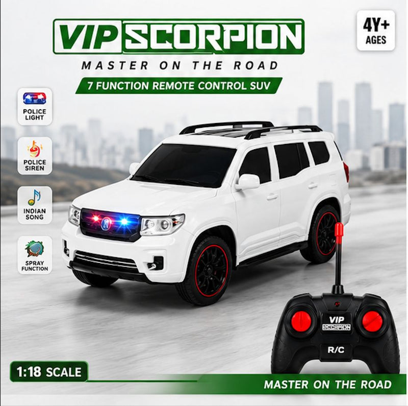 VIP Scorpion 1:18 Scale 7 Function Remote Control SUV with Police Light, Siren, Music & Spray Function