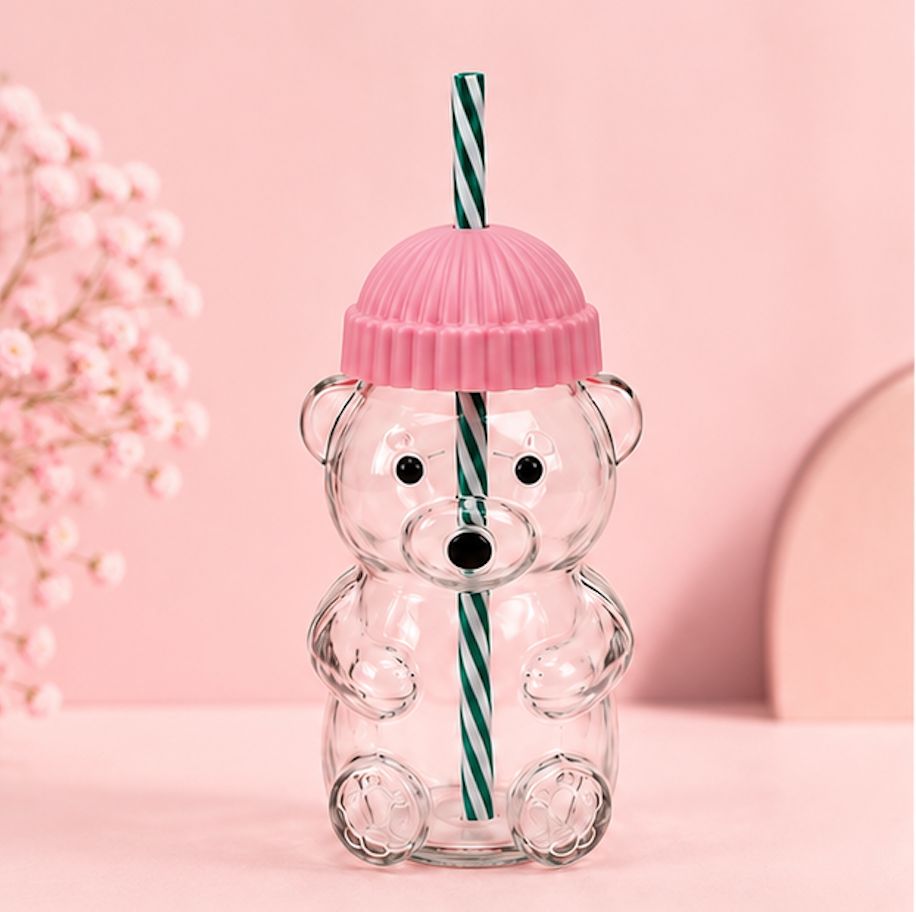 Cute Bear Shape Glass Water Bottle with Straw – Kids Sipper Bottle with Colorful Cap