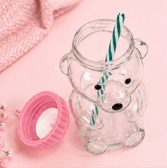 Cute Bear Shape Glass Water Bottle with Straw – Kids Sipper Bottle with Colorful Cap