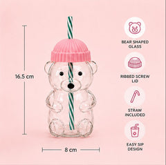Cute Bear Shape Glass Water Bottle with Straw – Kids Sipper Bottle with Colorful Cap