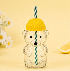 Cute Bear Shape Glass Water Bottle with Straw – Kids Sipper Bottle with Colorful Cap