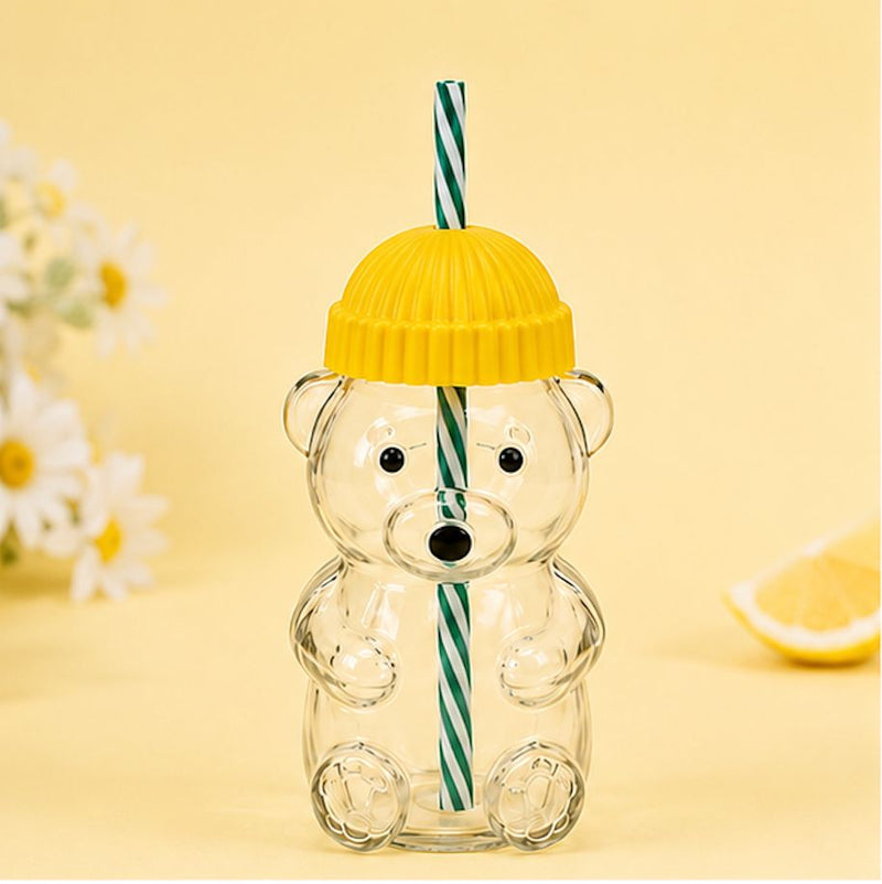 Cute Bear Shape Glass Water Bottle with Straw – Kids Sipper Bottle with Colorful Cap