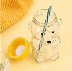 Cute Bear Shape Glass Water Bottle with Straw – Kids Sipper Bottle with Colorful Cap