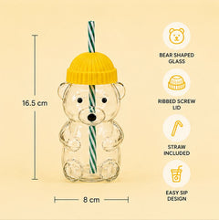 Cute Bear Shape Glass Water Bottle with Straw – Kids Sipper Bottle with Colorful Cap