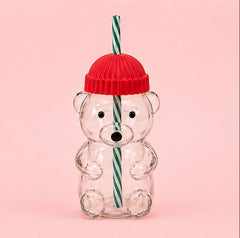 Cute Bear Shape Glass Water Bottle with Straw – Kids Sipper Bottle with Colorful Cap