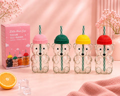 Cute Bear Shape Glass Water Bottle with Straw – Kids Sipper Bottle with Colorful Cap