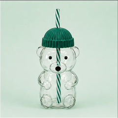 Cute Bear Shape Glass Water Bottle with Straw – Kids Sipper Bottle with Colorful Cap