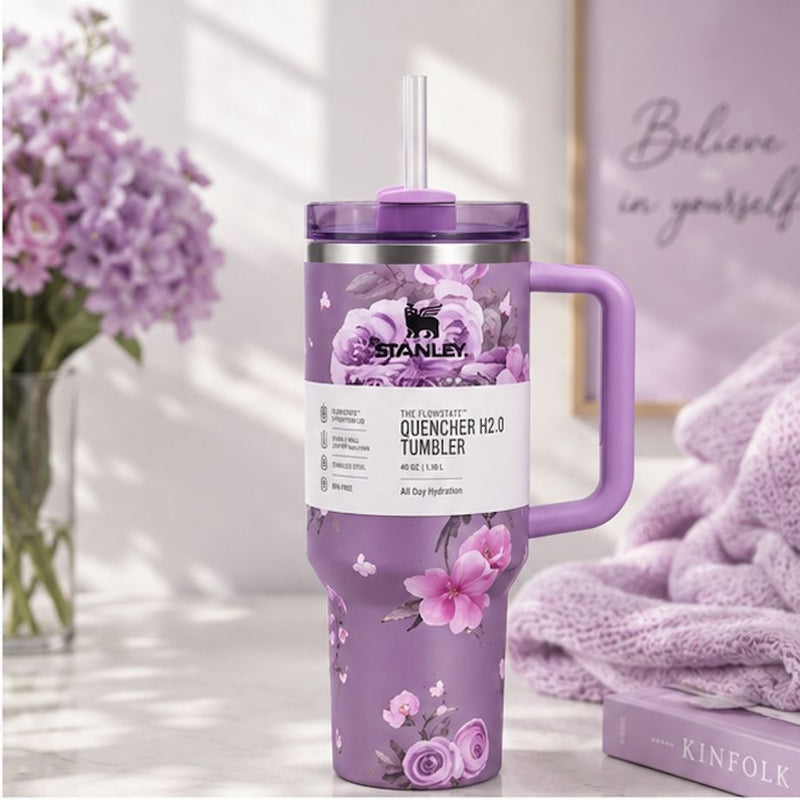 40oz Floral Insulated Quencher Tumbler with Handle & Straw