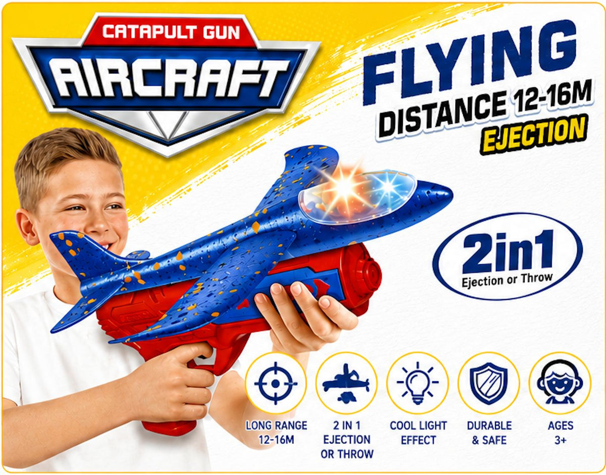 2-in-1 Airplane Launcher Toy for Kids – Flying Aircraft Catapult Toy with Light Effect, 12–16M Range, Ages 3+