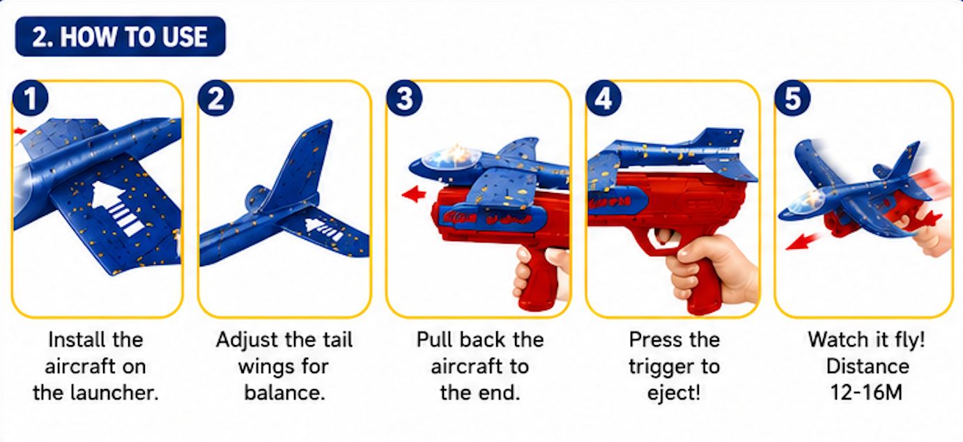 2-in-1 Airplane Launcher Toy for Kids – Flying Aircraft Catapult Toy with Light Effect, 12–16M Range, Ages 3+