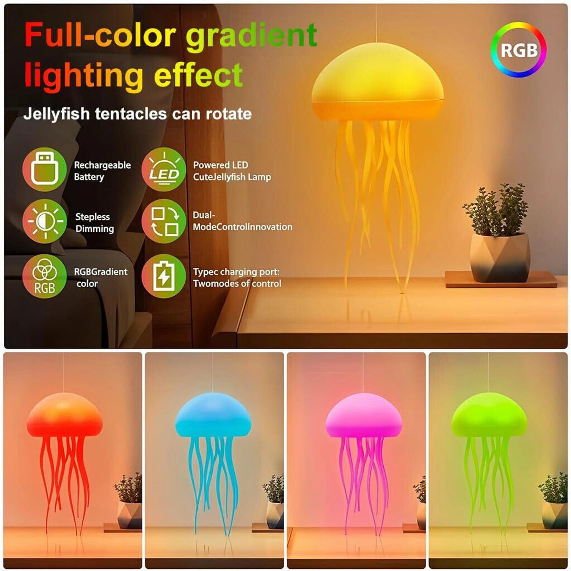 Jellyfish Lamp With Moving Tentacles & Base, 72 Gradient Rgb Colors Table Lamp